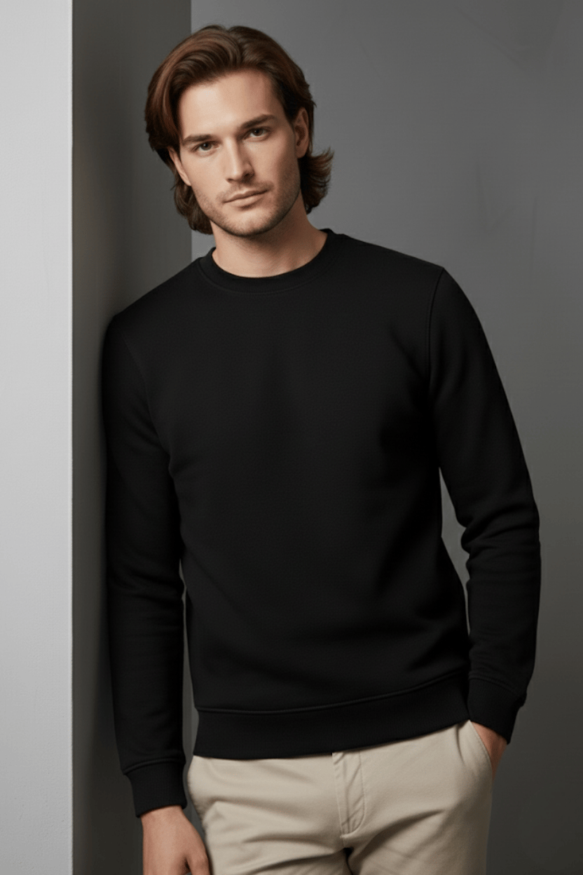 Unisex Kışlık Siyah Üç İplik Şardonlu Kalın Bisiklet Yaka Basic Sweatshirt