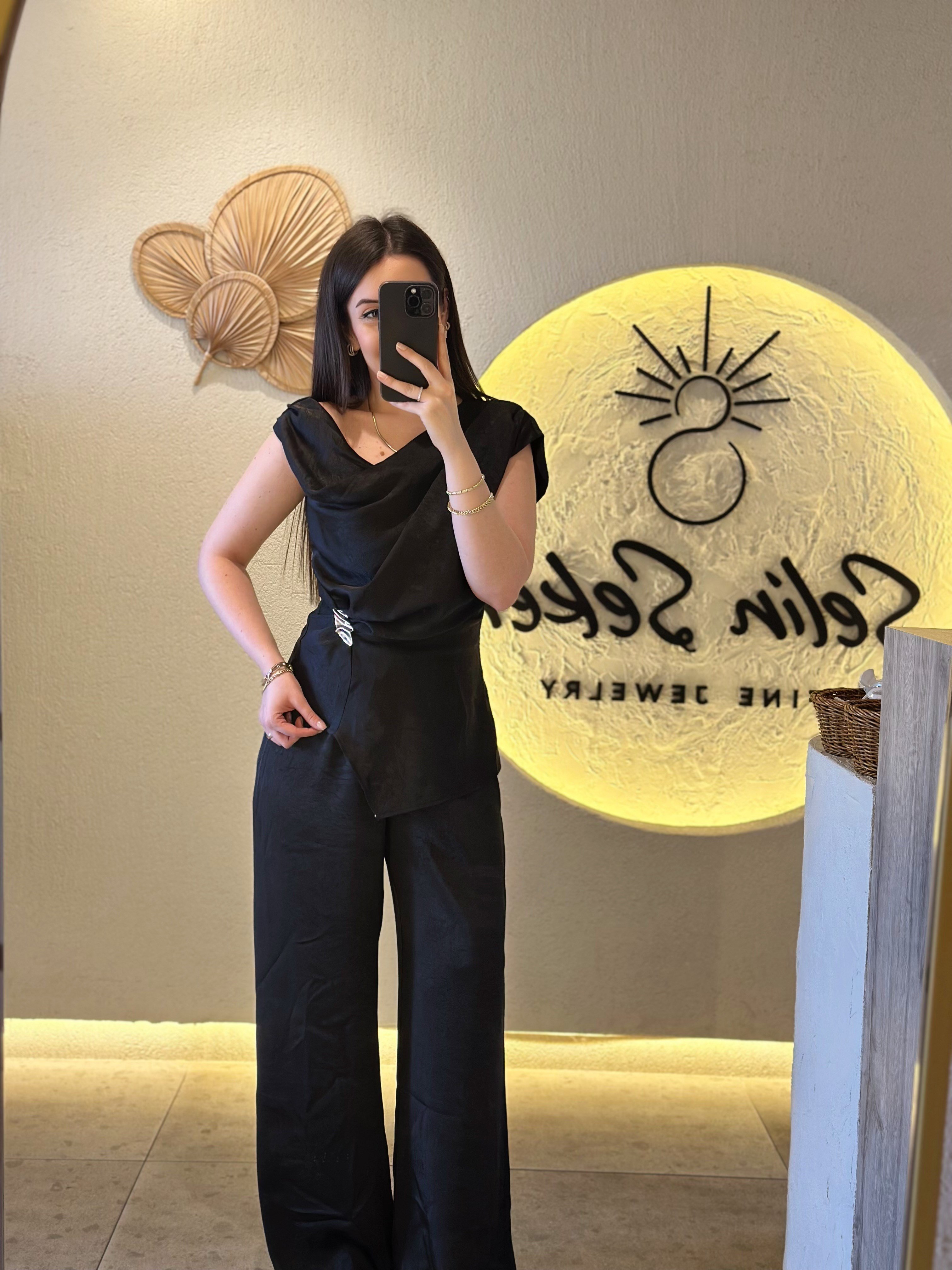 Beli Bağcıklı Bol Paça Saten Pantolon Kahverengi
