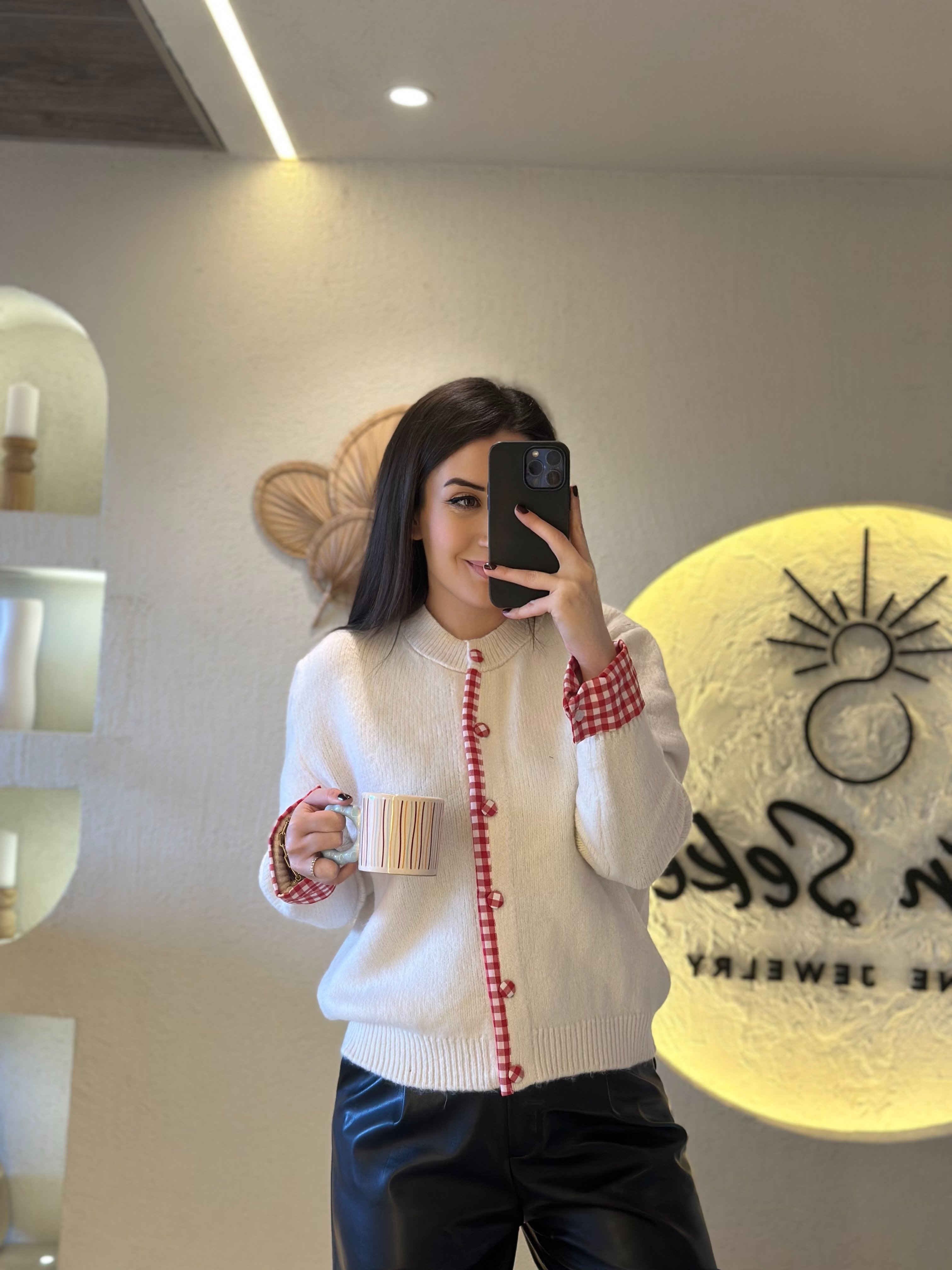 Ekose Detaylı Triko Hırka