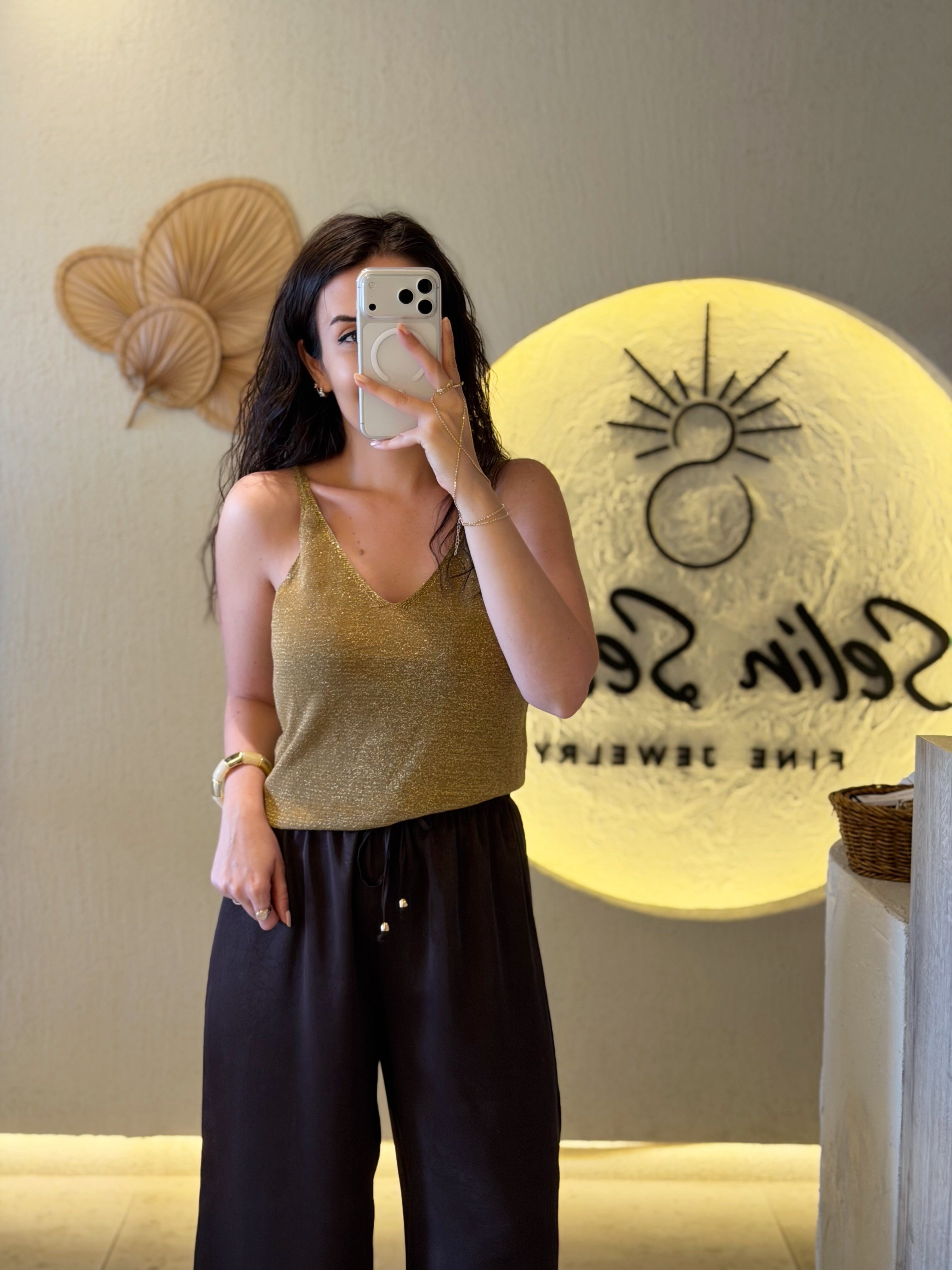 Gold Simli Askılı Triko Bluz