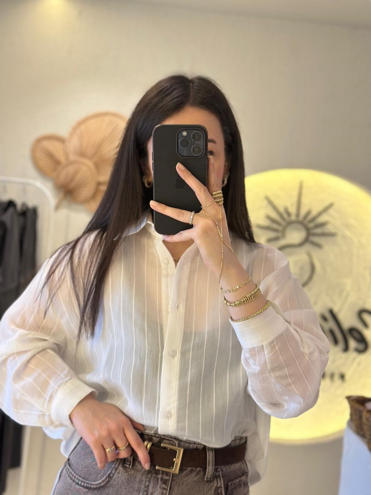 İnce Çizgili Düğmeli Oversize Gömlek Ekru