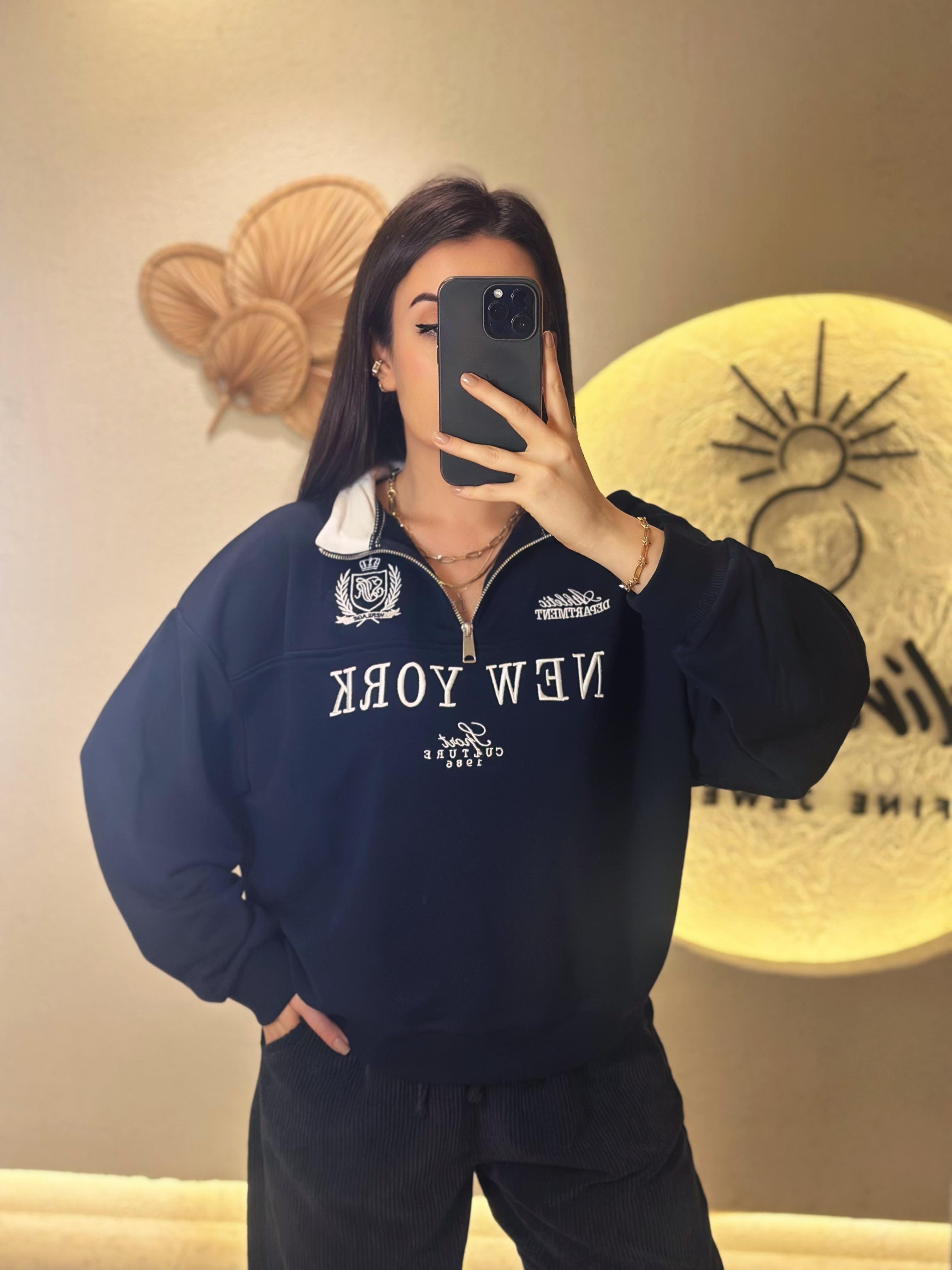 Kadın nakış ve fermuarlı detaylı sweat