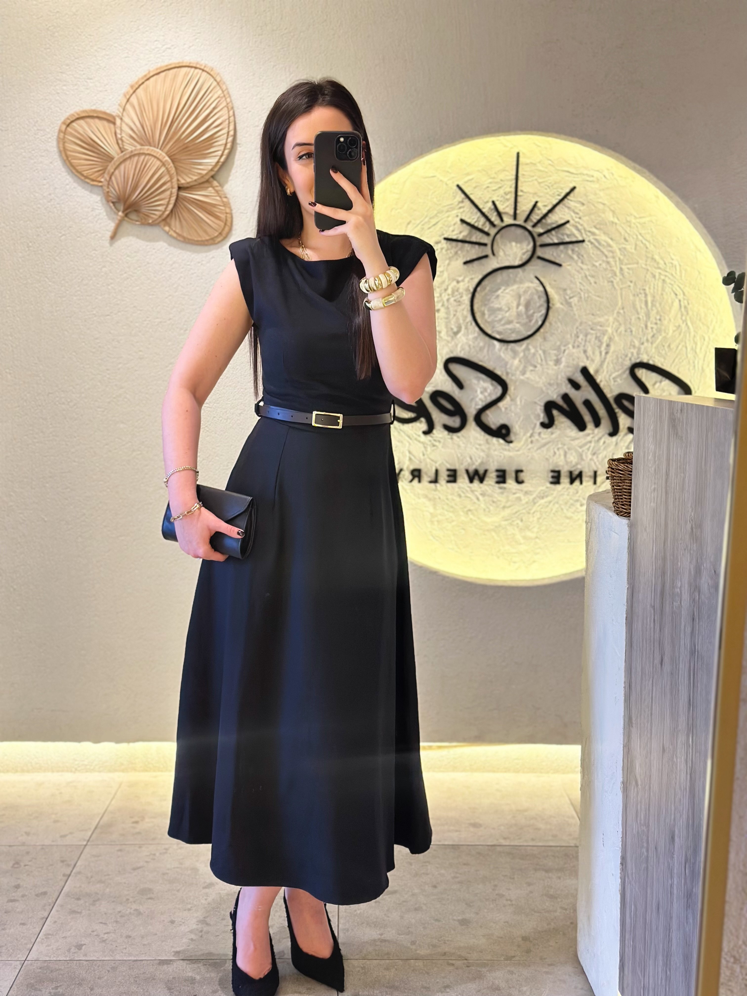 Lacivert Vatkalı Kemerli Elbise
