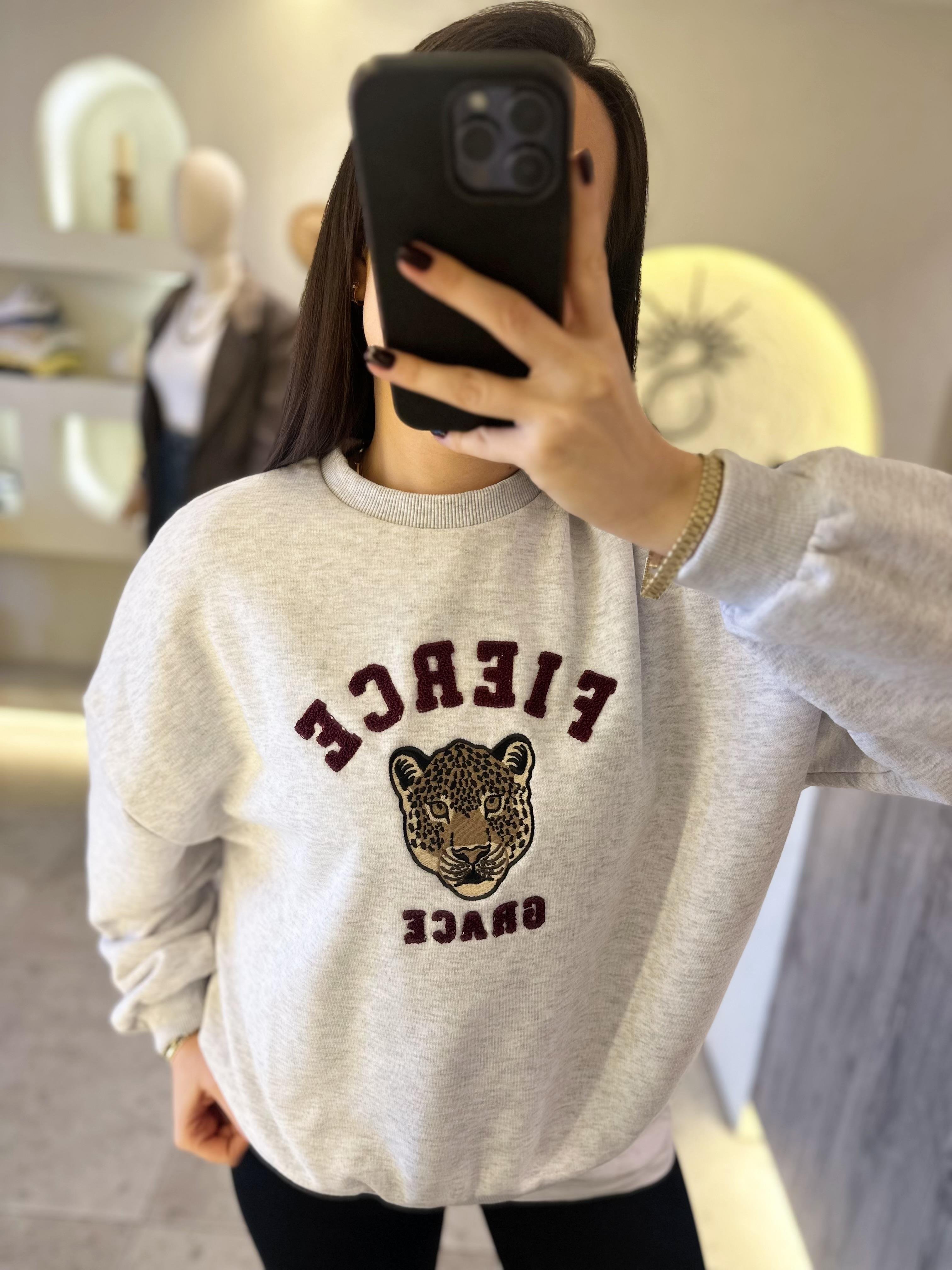 Leopar Nakışlı Bisiklet Yaka Sweatshirt Grimelanj