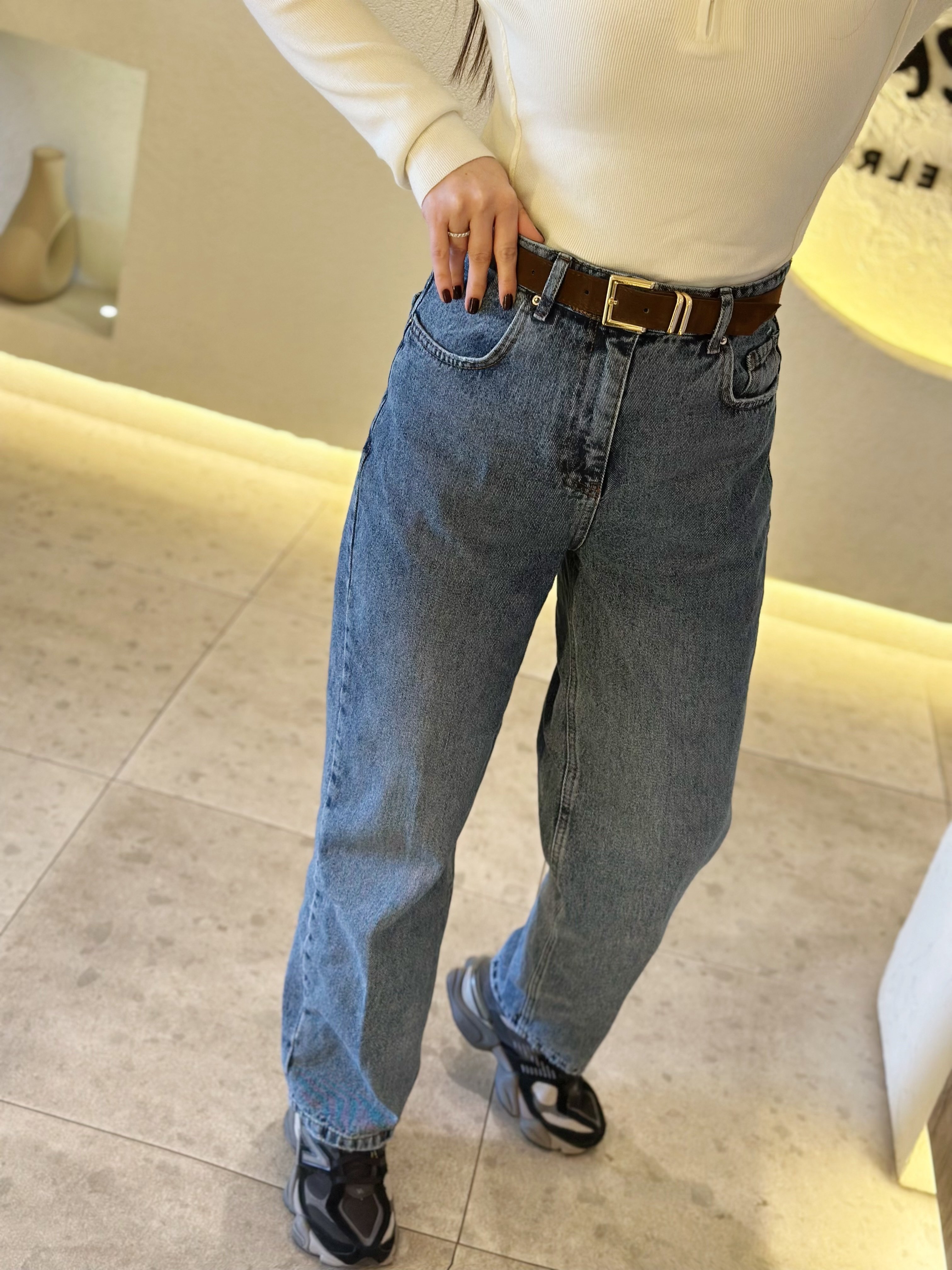 Mavi Yüksek Bel Baggy Kemerli Jean