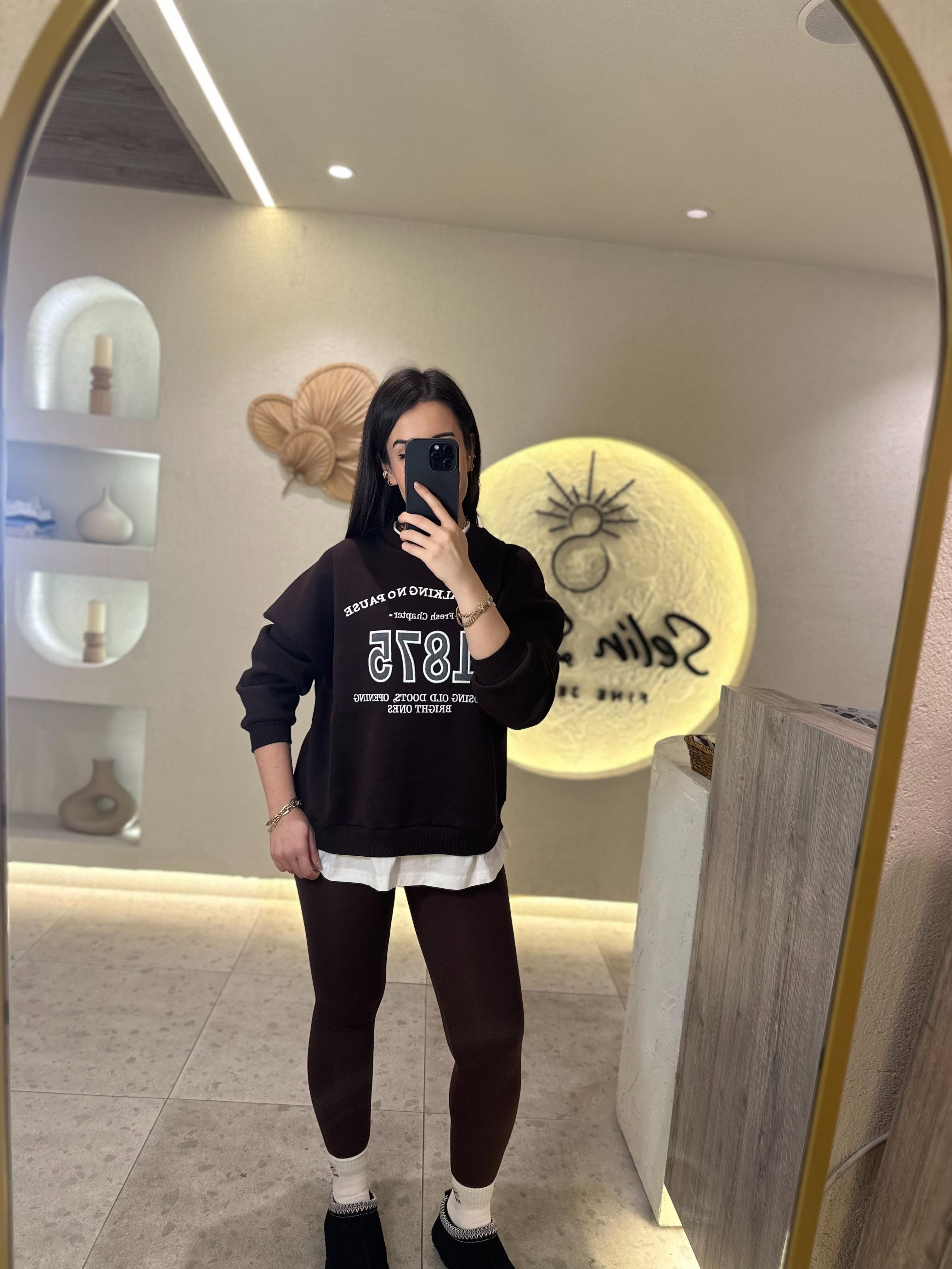 Nakış Detaylı Oversize Sweatshirt Kahve