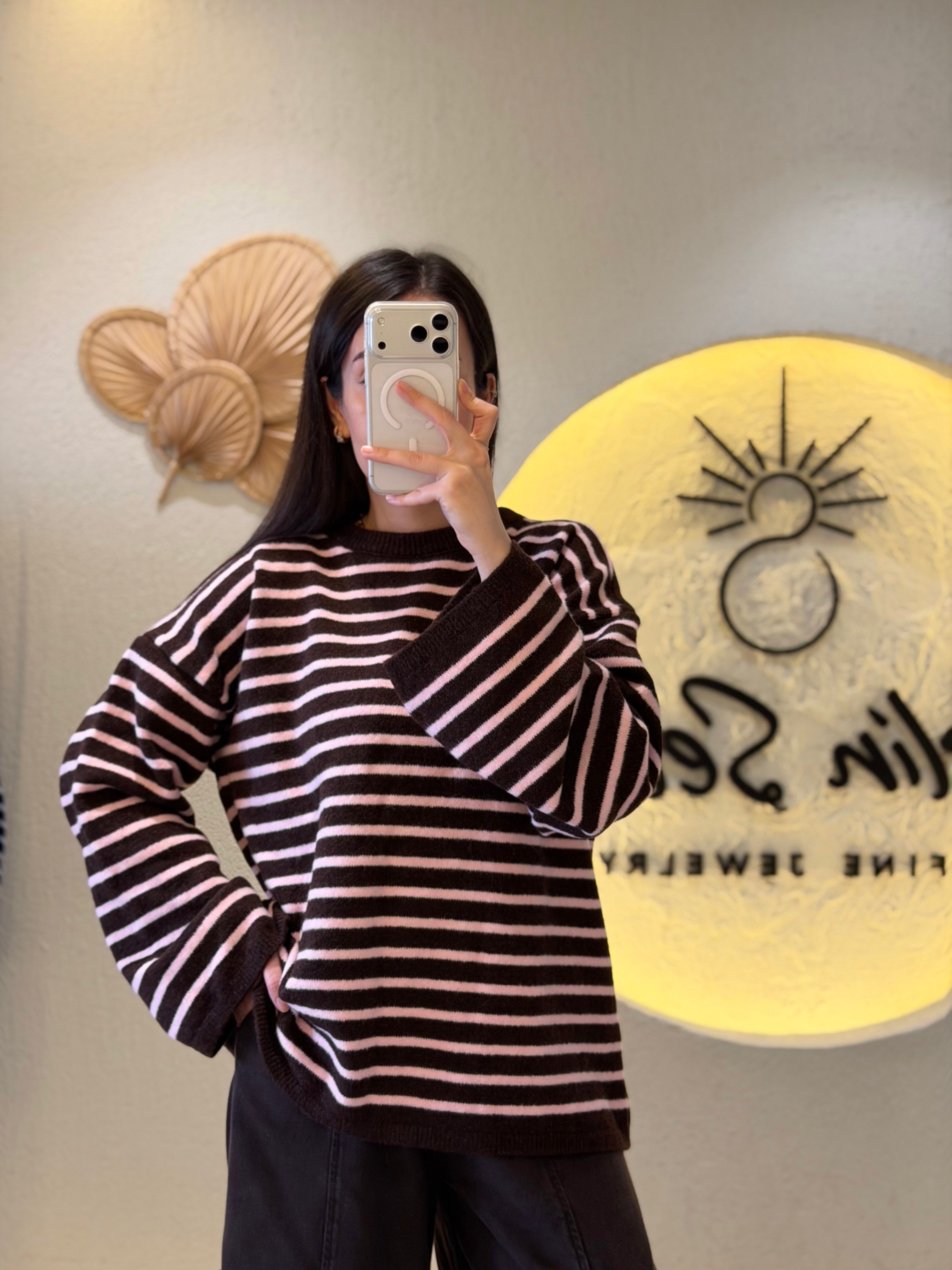 Oversize Çizgili Triko Kazak