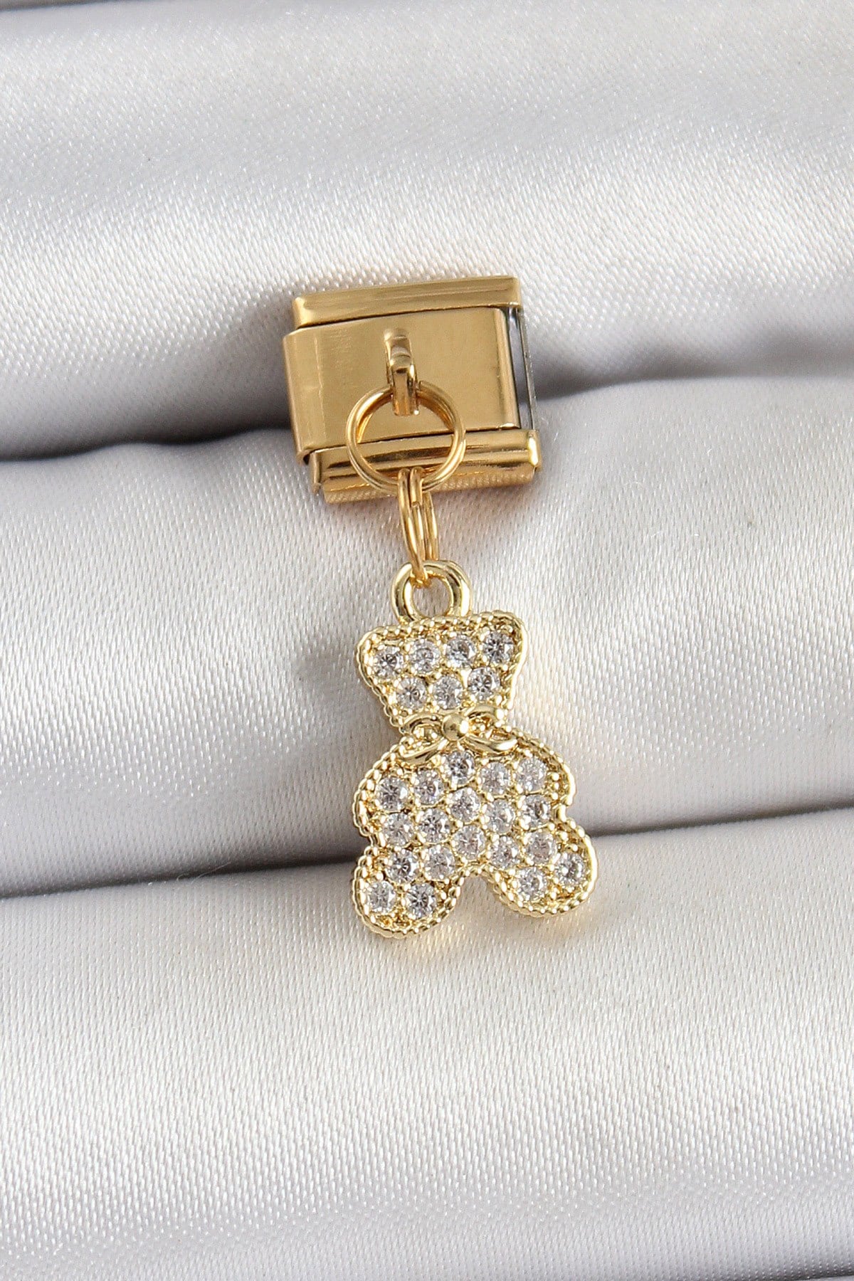 316L Çelik Sallantılı Zirkon Taşlı Ayıcık Model Gold Renk Nomination Charm