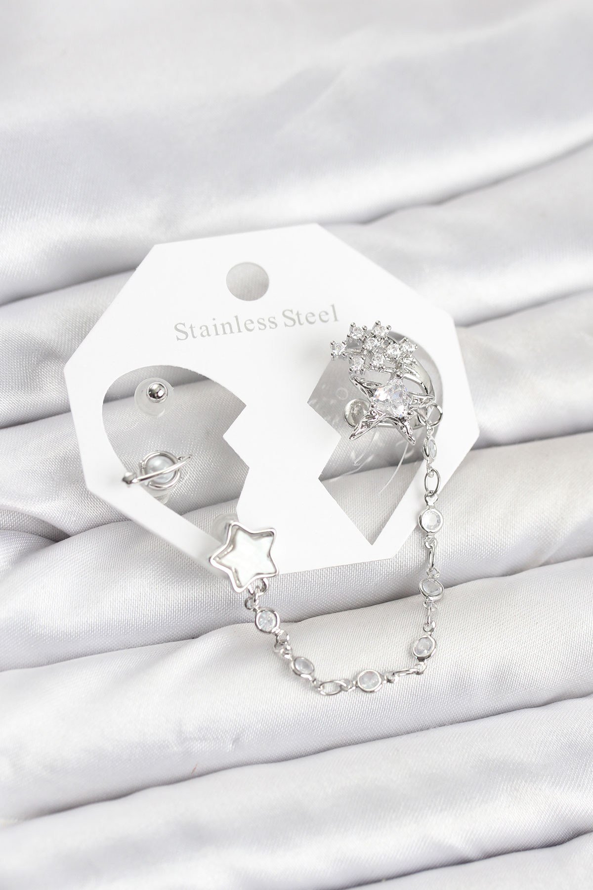 Pirinç Gümüş Renk Yıldız Model Zincir Bağlantılı Ear Cuff Küpe Seti