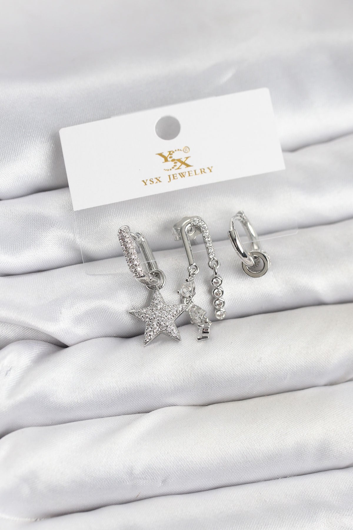 Pirinç Gümüş Renk Zirkon Taşlı Yıldız Vintage Model YSX Trio Küpe Seti
