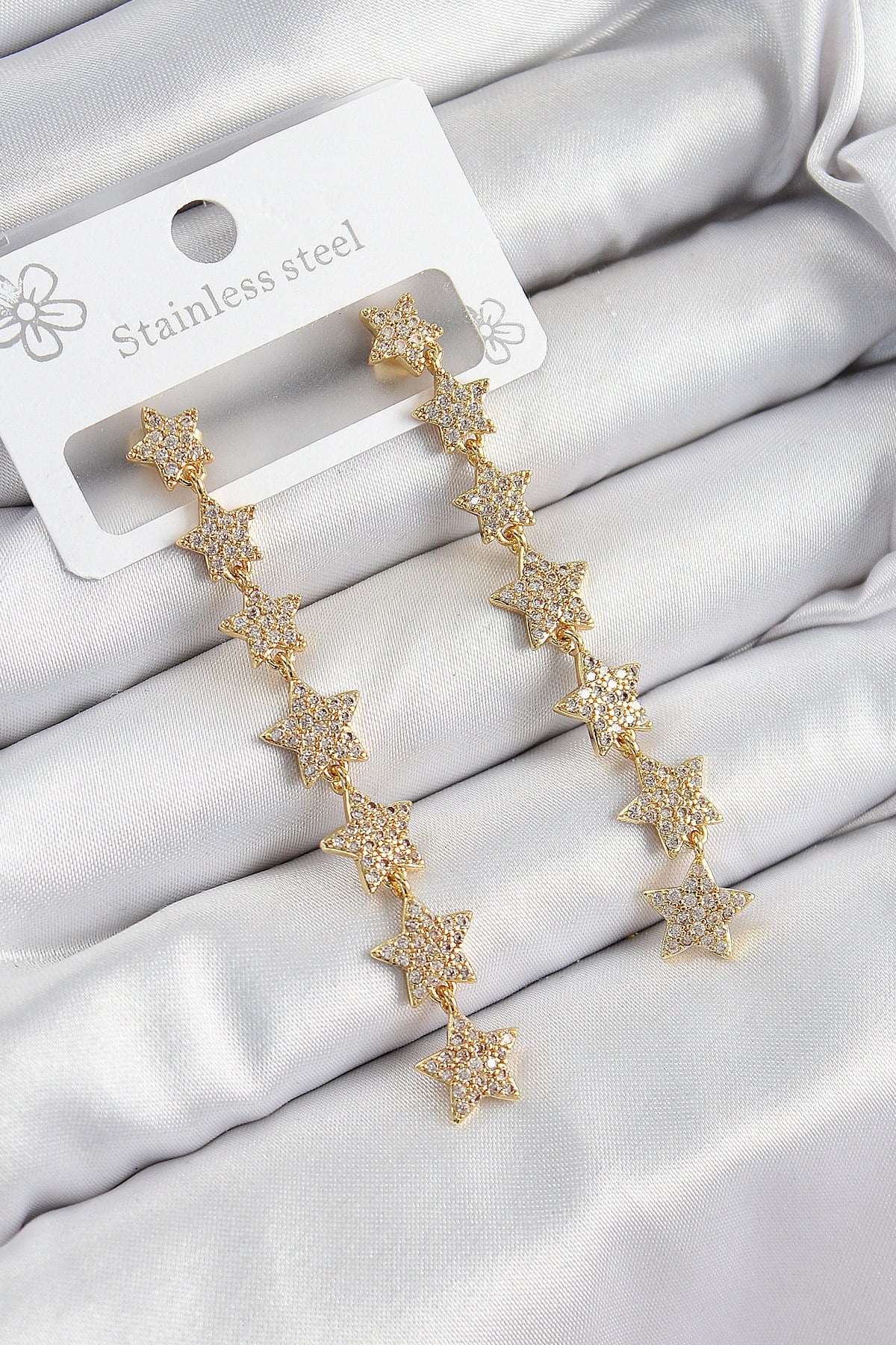 Pirinç Zirkon Taşlı Sallantılı Yıldız Model Gold Renk Kadın Küpe