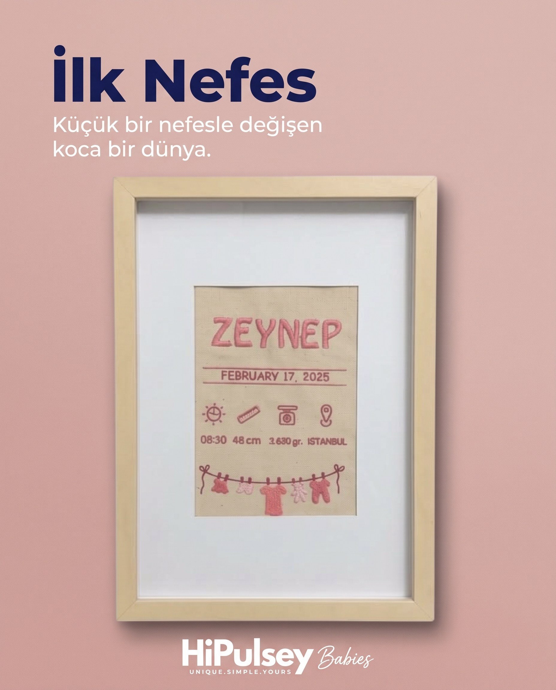 İlk Nefes: Kişiye Özel Doğum Künyeli Nakışlı Ahşap Çerçeveli Bebek Anı Panosu