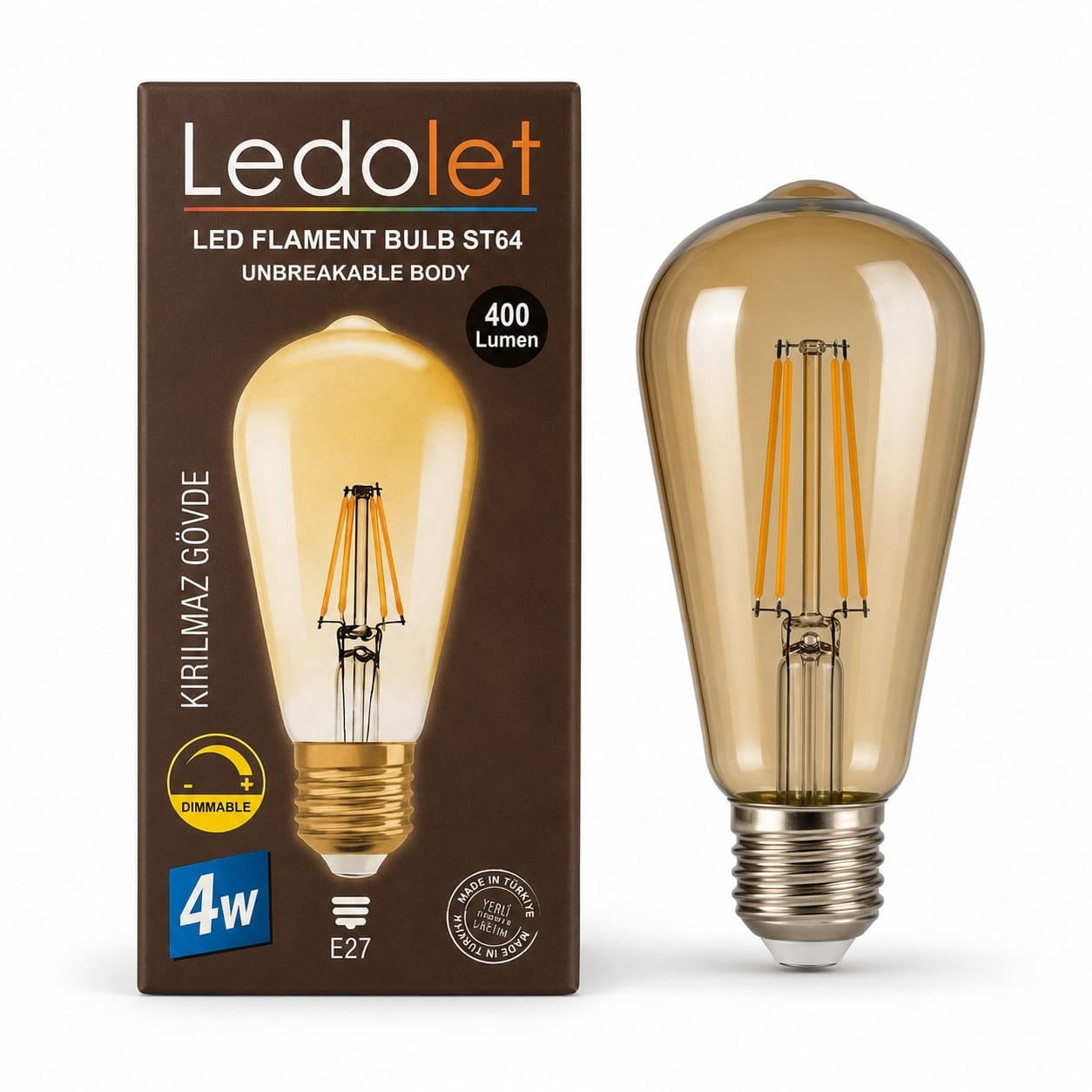 Ledolet ST64 Rustik LED Ampul (4W, E27 Duy, Kırılmaz Gövde)