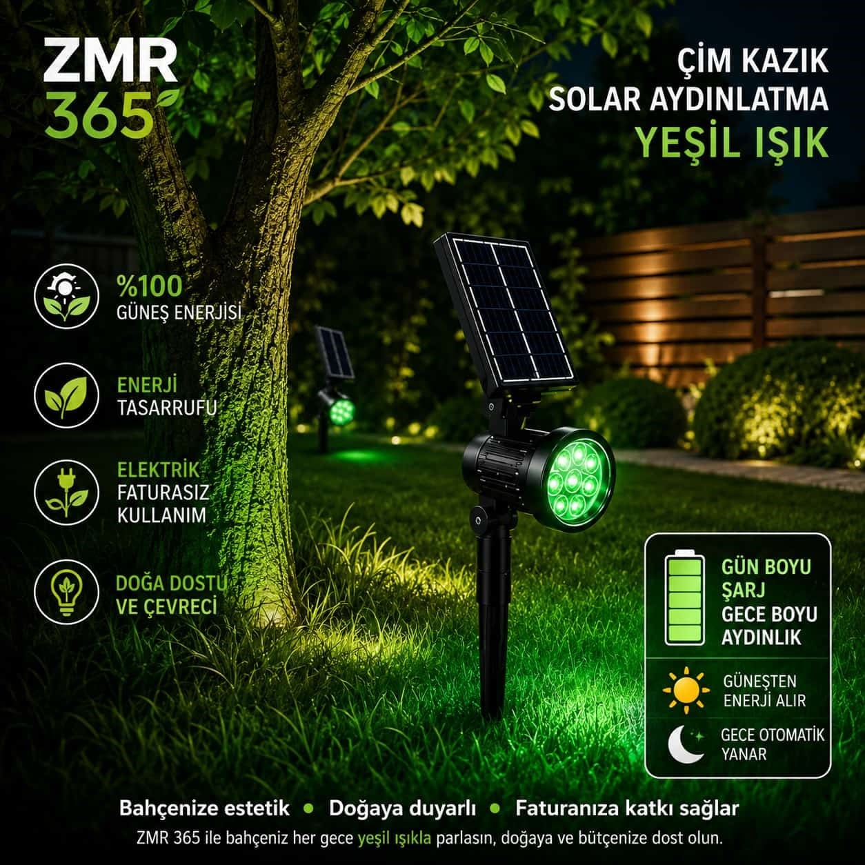 Solar Ayaklı Çim Kazık Bahçe Armatürü 10W IP65 (Yeşil Işık)