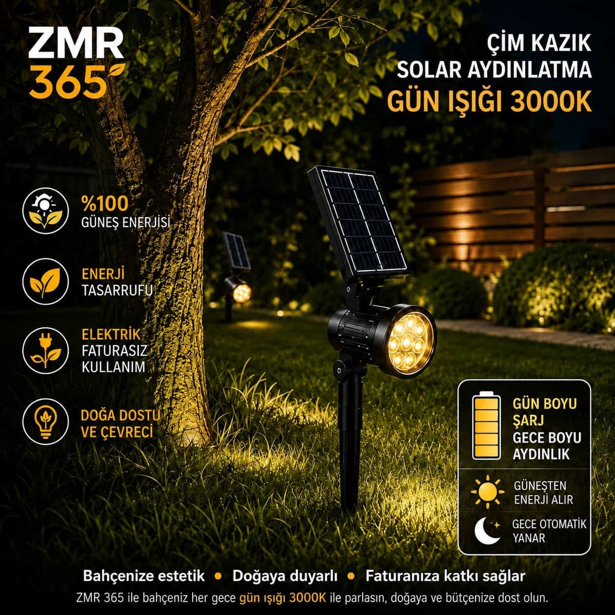 ZMR-365 Solar Ayaklı Çim Kazık Bahçe Armatürü 10W IP65 Gün Işığı (3000K)