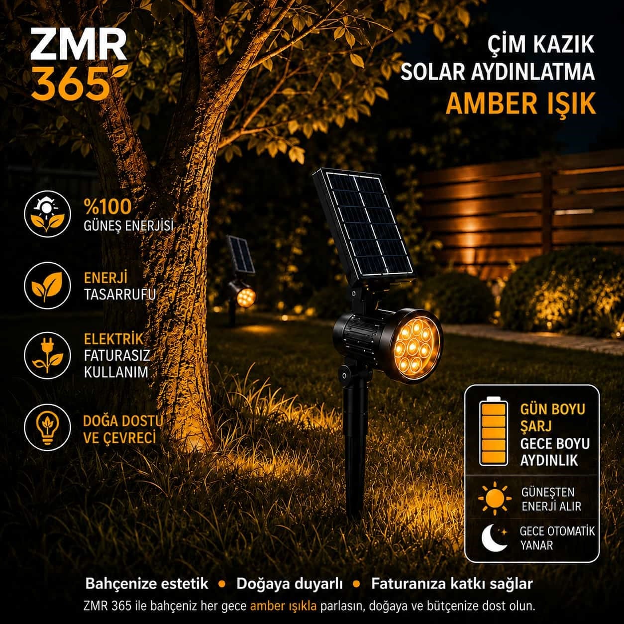 ZMR-365 Solar Ayaklı Çim Kazık Bahçe Armatürü 10W IP65 Amber Işık