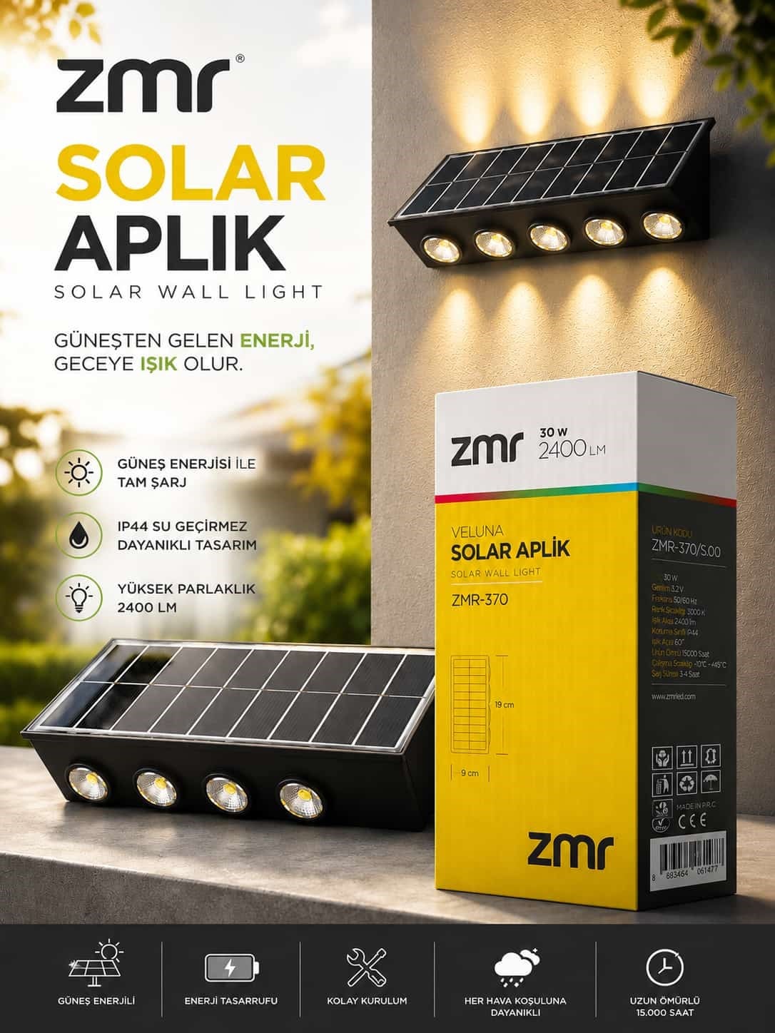 ZMR-370 Veluna Çift Yönlü Solar Duvar Apliği 30W 2400lm IP44 (3000K Gün Işığı)