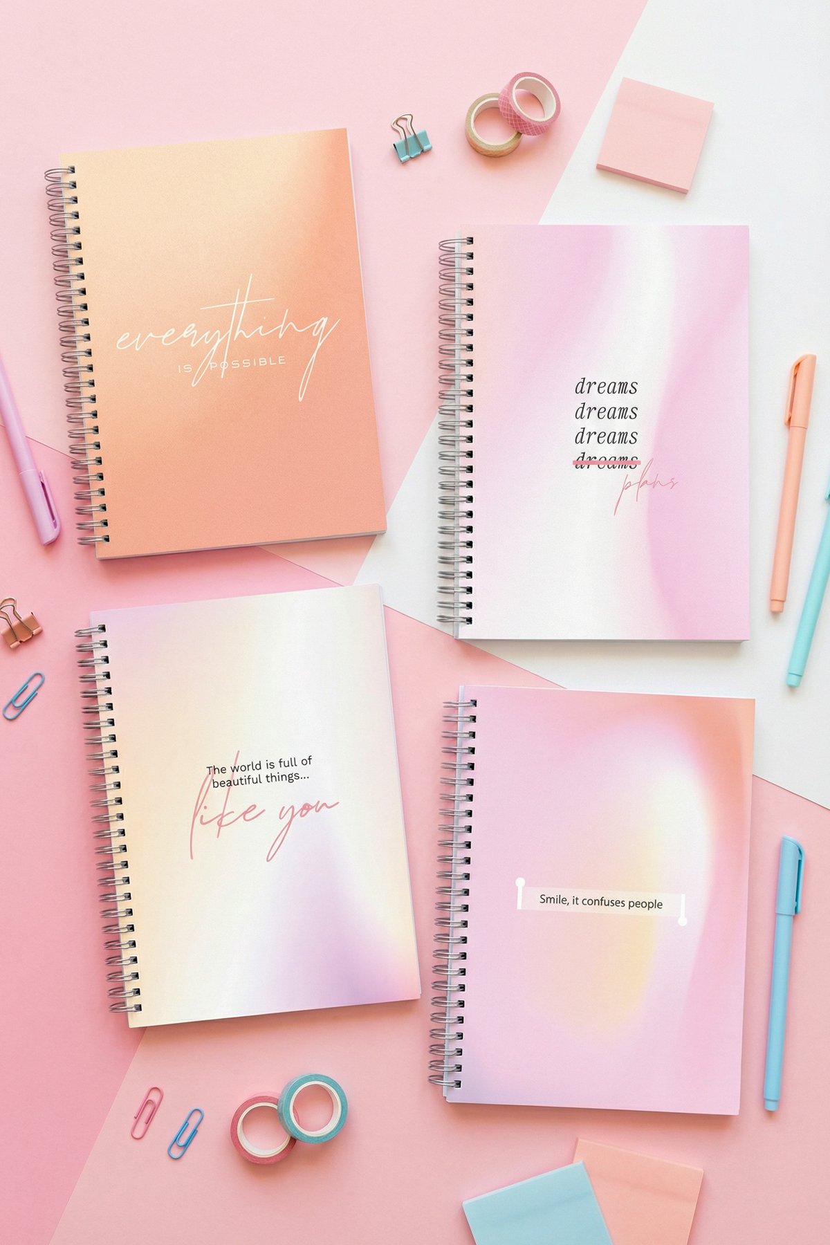 A5 Spiralli Okul Defteri 120 Sayfa 4'lü Set, 2 Çizgili - 2 Kareli Defter, Notebook, Ders Programlı