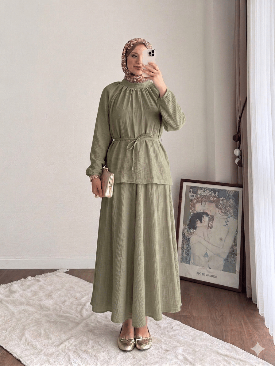 Kadın Belden Bağlamalı Oversize Müslin  Etekli Takım M2676 - Yeşil