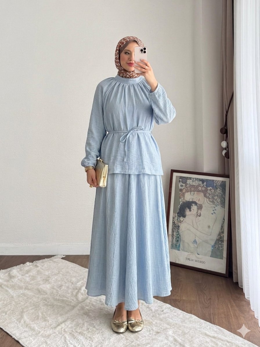 Kadın Belden Bağlamalı Oversize Müslin  Etekli Takım M2676 - Bebe Mavisi
