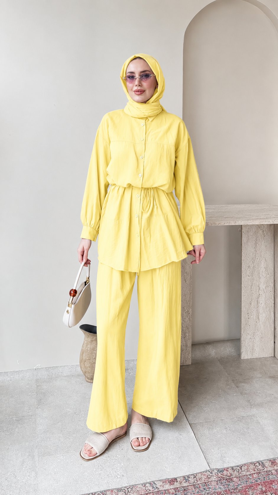 Kadın Belden Bağlamalı Tunik Pantolon Takım M6034 - Sarı