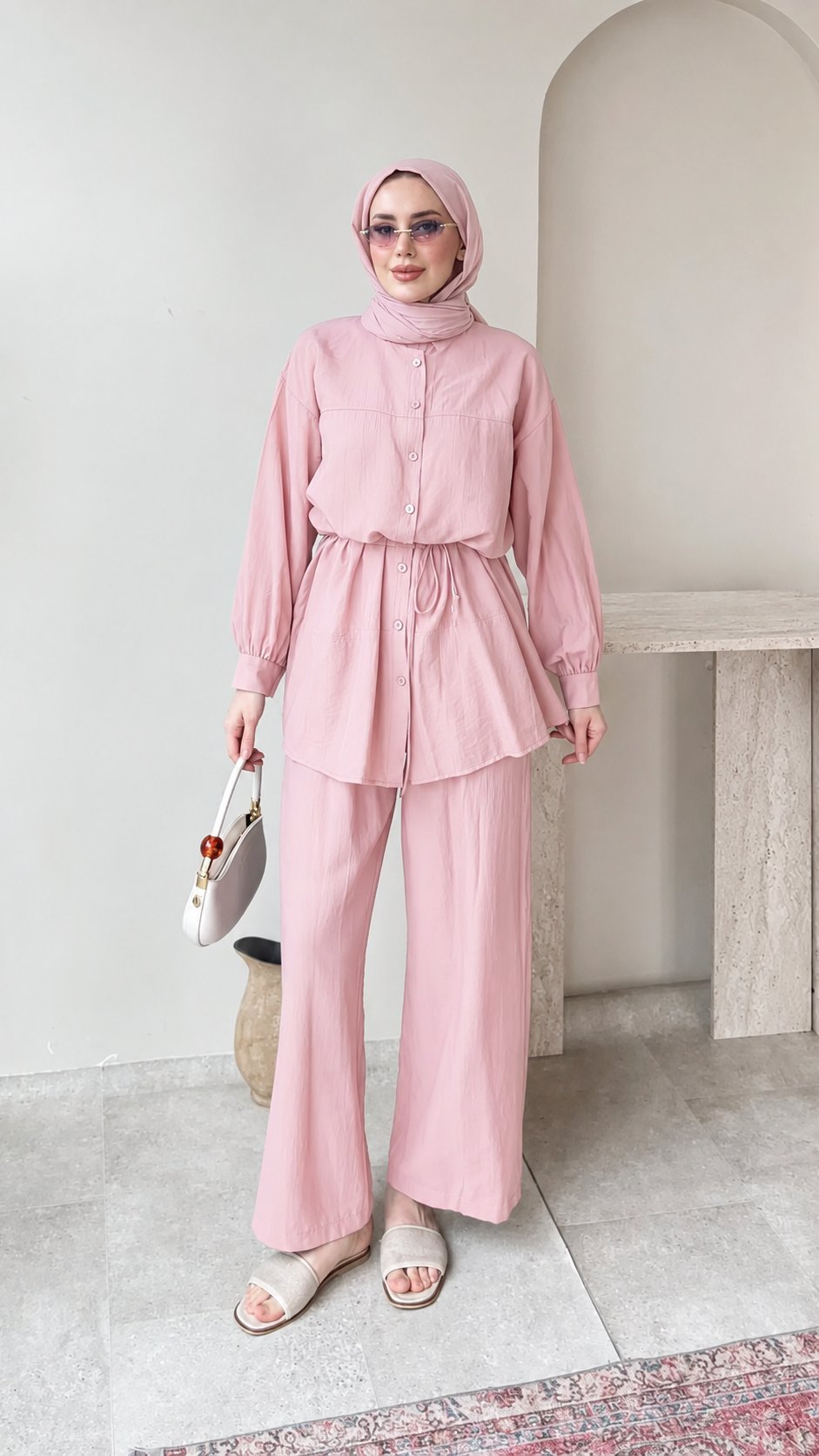 Kadın Belden Bağlamalı Tunik Pantolon Takım M6034 - Pembe
