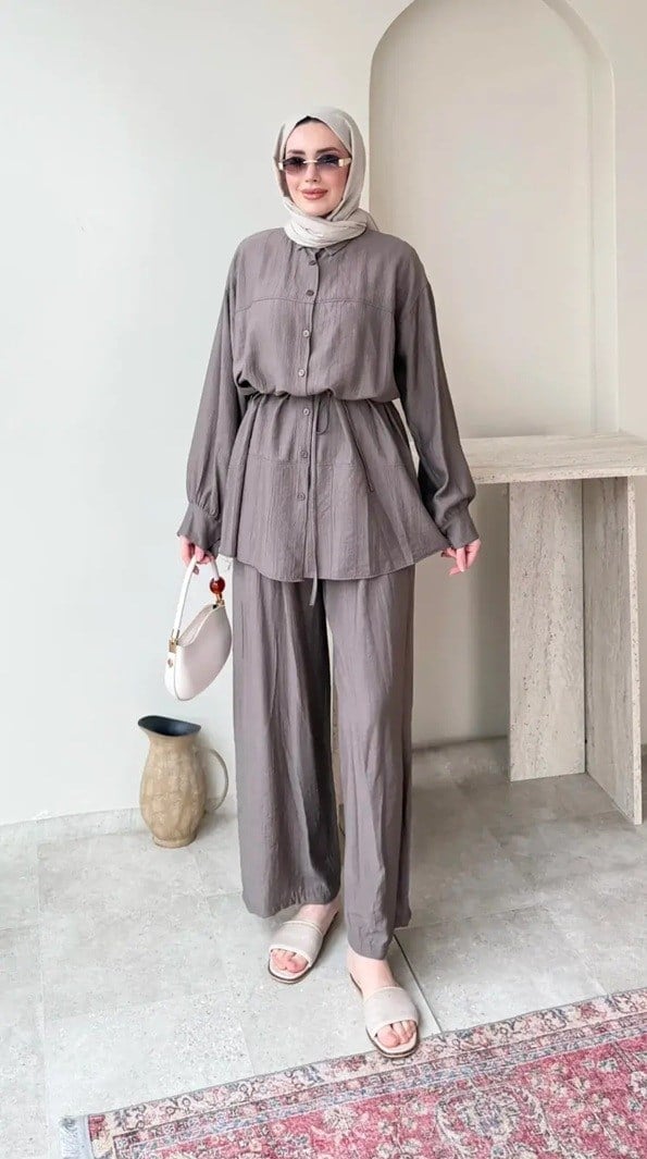 Kadın Belden Bağlamalı Tunik Pantolon Takım M6034 - Vizon