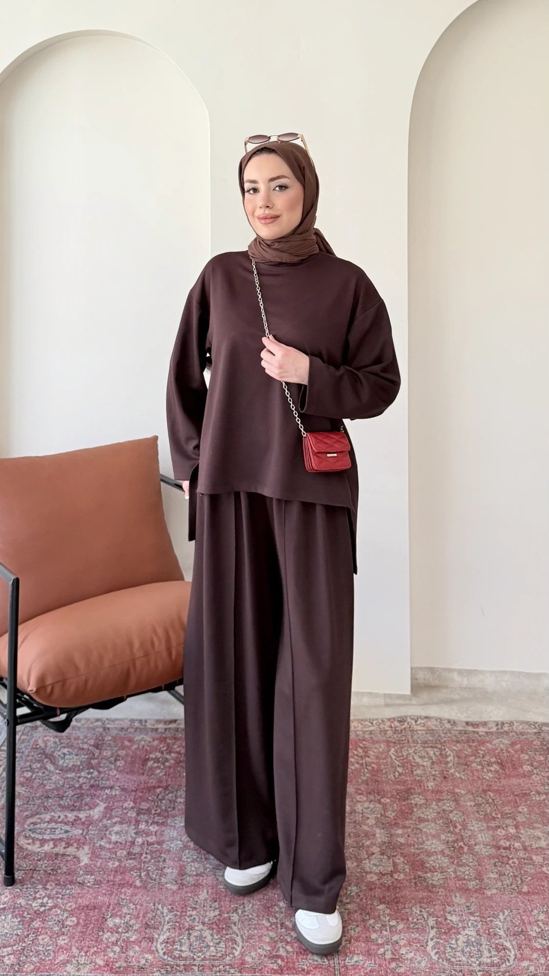 Kadın Çimalı Detay Geniş Paça Tunik Pantolon İkili Takım M2696 - Kahverengi