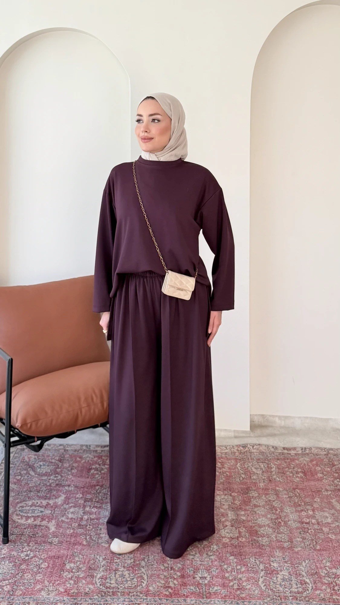 Kadın Çimalı Detay Geniş Paça Tunik Pantolon İkili Takım M2696 - Bordo