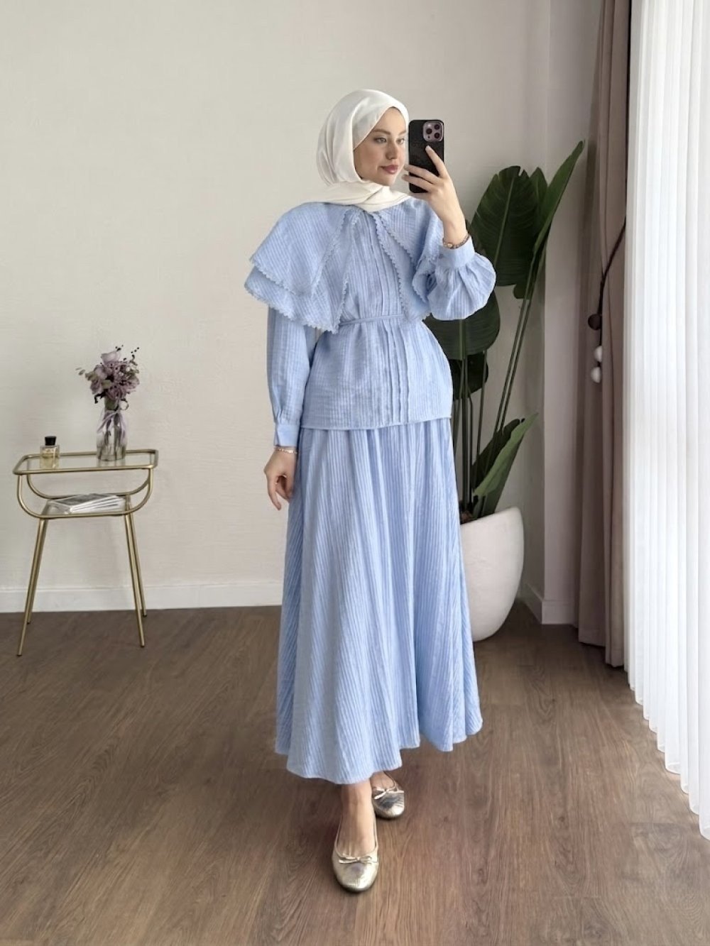Kadın Dantel Yakalı Begonya Gömlekli Etekli Takım M2667 - Bebe Mavisi