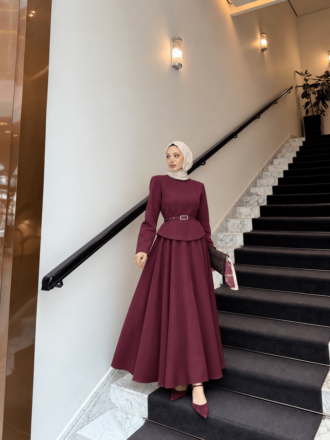 Kadın Double Krep Kumaş Şık Ceket Ve Etek Takım Burgonya - M41420