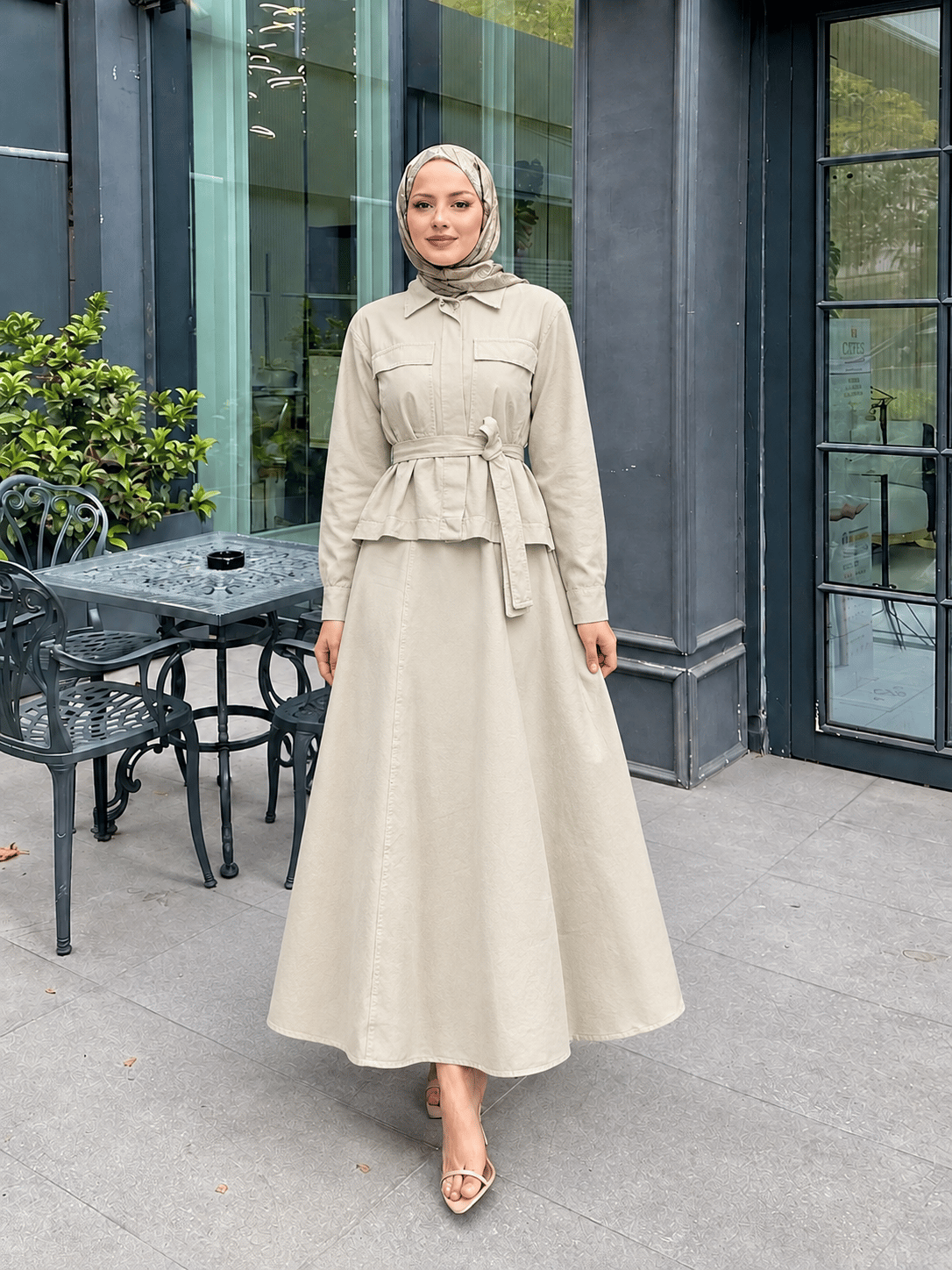 Kadın Gizli Düğmeli ve Kuşaklı Denim Etek Takım - Taş