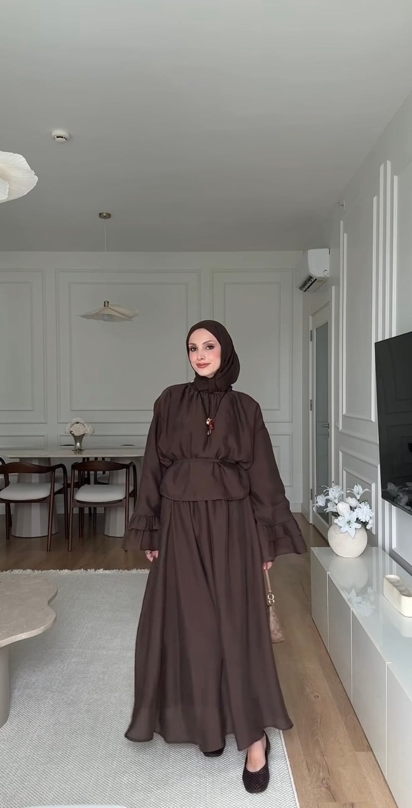 Kadın Kolu Fırfır Detaylı Belden Bağlamalı Etekli Takım M41675 - Kahverengi