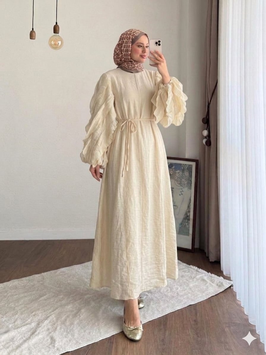 Kadın Kolu Fırfırlı Modal Elbise M2648 -  Bej