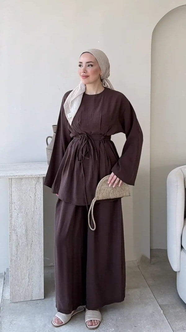 Kadın Modal  Bel Bağlamalı Tunik Pantolon Takım  M2672 - Kahverengi