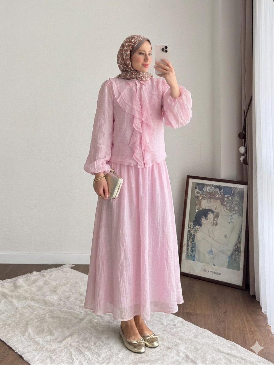 Kadın Önü Fırfırlı Modal Etekli Takım M2640 - Pembe