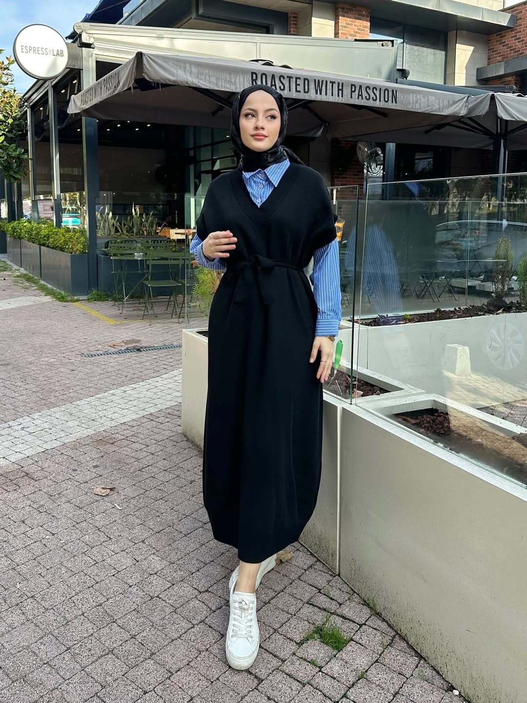 Poplin Detaylı Triko Elbise - Siyah