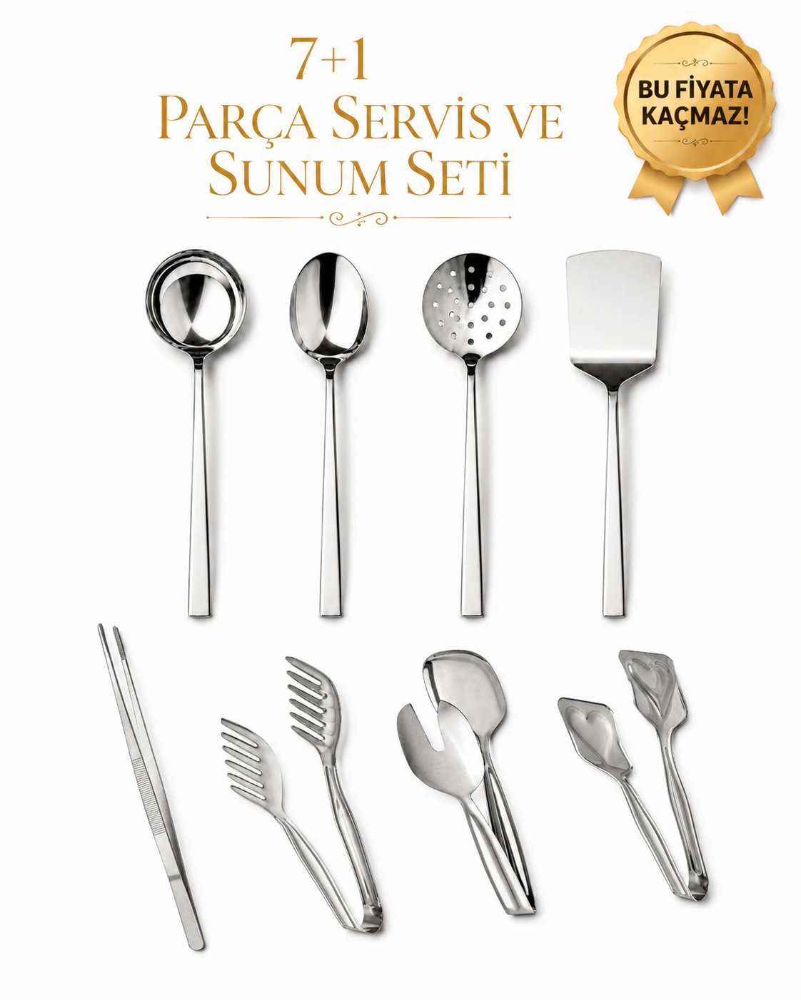7+1 Parça Uzun Ömürlü Paslanmaz Çelik Profesyonel Servis ve Sunum Seti – Pasta Maşası Hediyeli