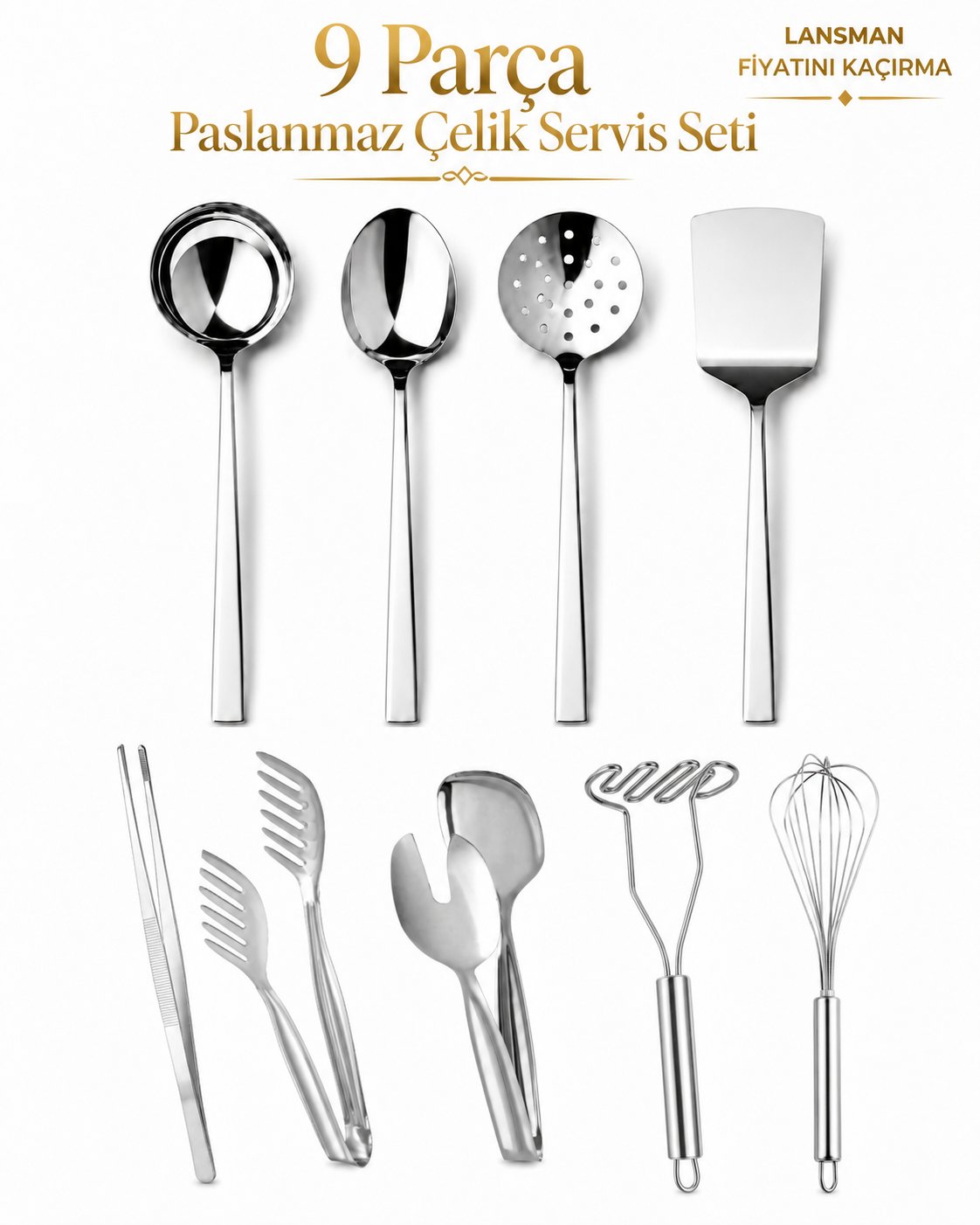 9 Parça Paslanmaz Çelik Servis ve Hazırlık Seti – Patates Ezici, Cımbız Maşa, Çırpıcı – Uzun Ömürlü