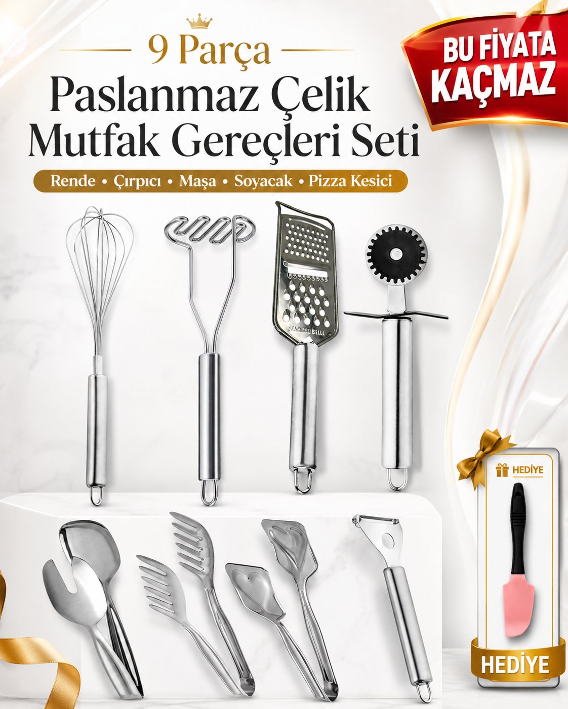 Paslanmaz Çelik 9 Parça Mutfak Seti | Rende Çırpıcı Maşa Soyacak Pizza Kesici Servis Gereçleri