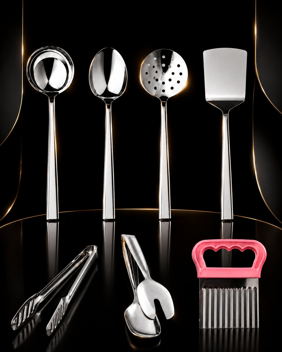 Premium 6 Parça Paslanmaz Çelik Mutfak Servis Seti – Kepçe, Kevgir, Spatula, Salata Maşası ve Kaşık – Dilimleyici Hediye