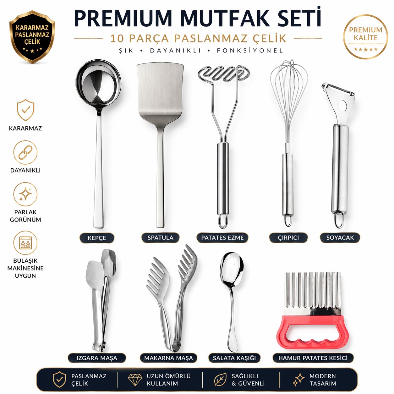 ProChef Elite 10 Parça Paslanmaz Çelik Mutfak Seti – Dayanıklı, Kararmaz, Profesyonel Seri