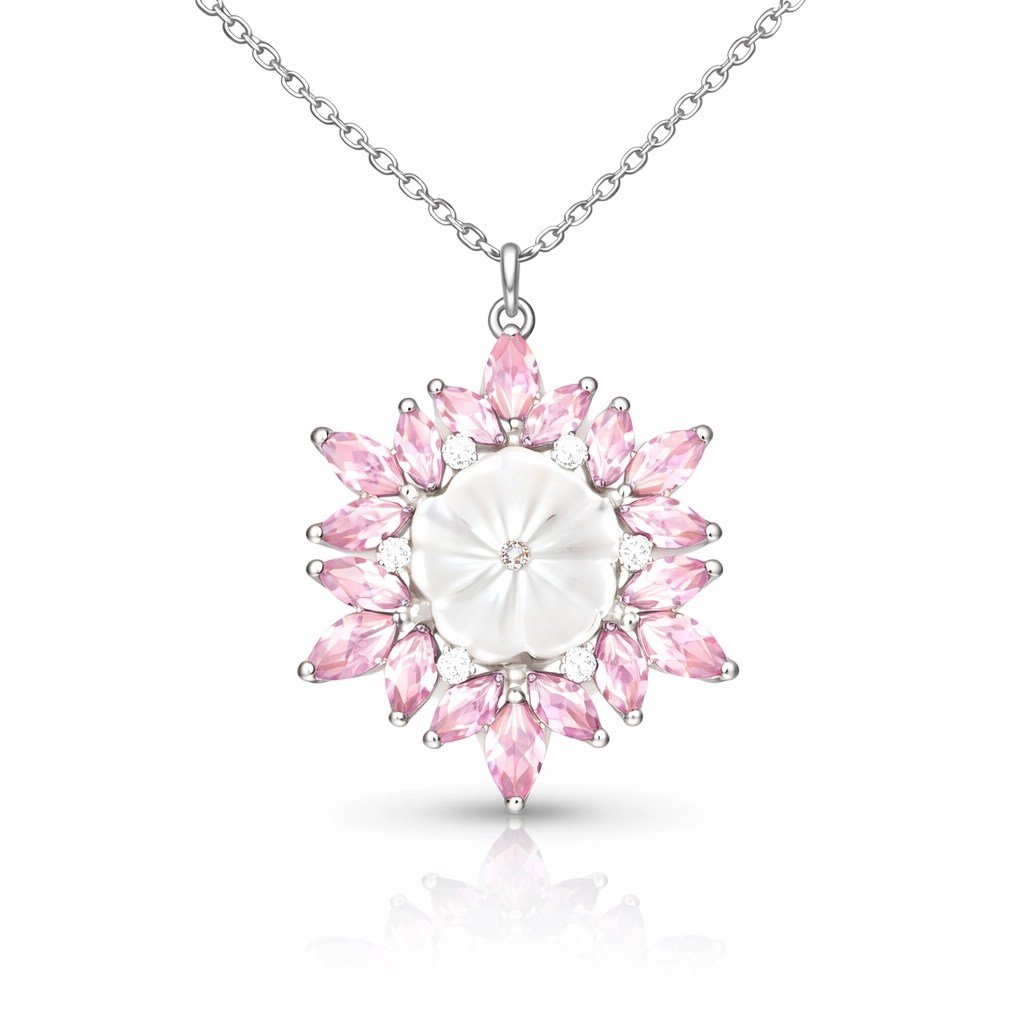 Gümüş Pembe Lotus Desenli Çiçek Kadın Kolye