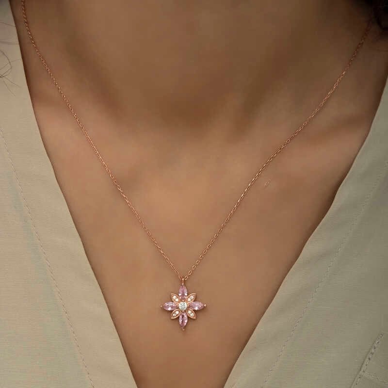 Gümüş Rose Pembe Taşlı Umut Çiçeği Kolye