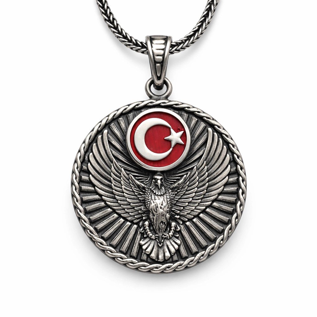 Gümüş Türk Kartalı ve Ay Yıldız Motifli Erkek Kolye