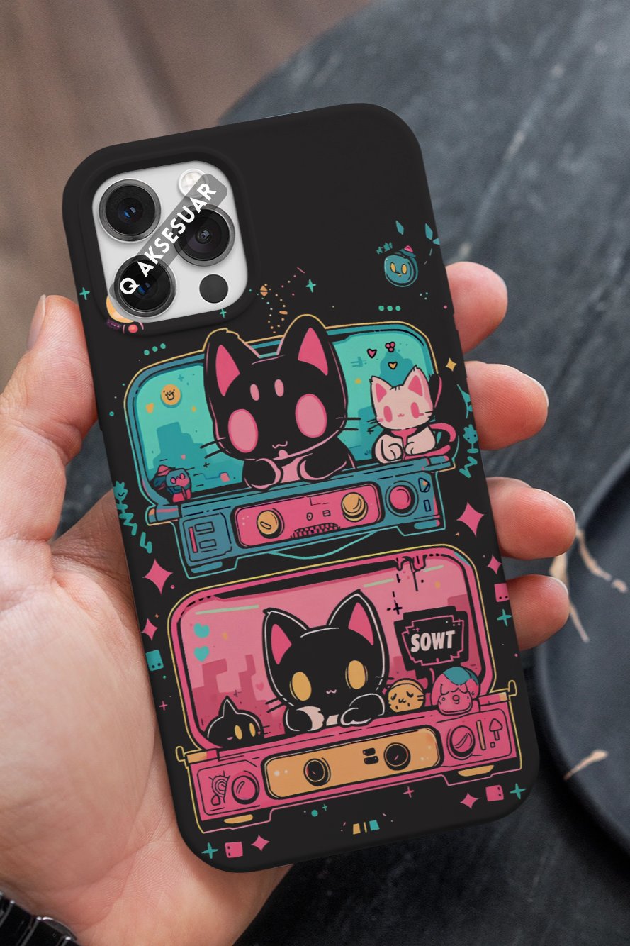 İphone Uyumlu Çizim Kedi Tasarımlı Premium Telefon Kılıfı Siyah (Model Seçiniz)