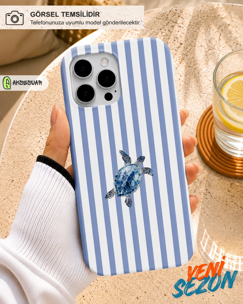 İphone Uyumlu Deniz Kaplumbağası Desenli Çizgili Tasarım Telefon Kılıfı