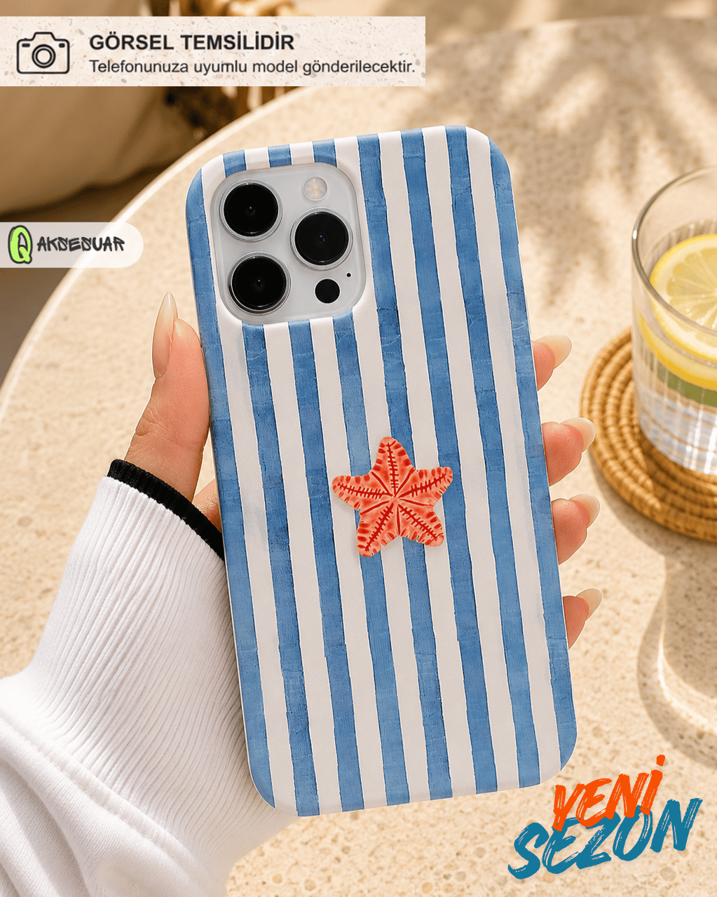 İphone Uyumlu Deniz Yıldızı Desenli Çizgili Tasarım Telefon Kılıfı