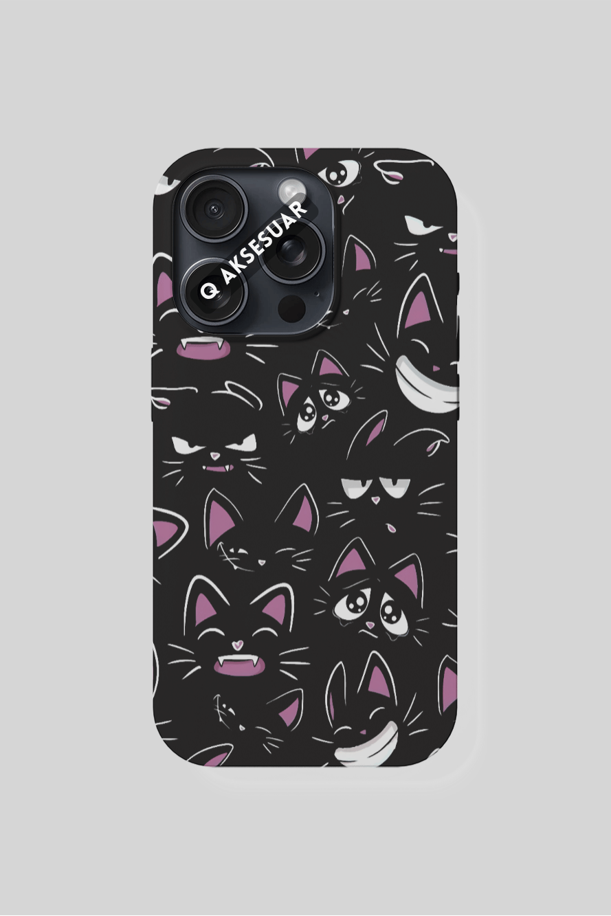 İphone Uyumlu Kedi Emoji Tasarımlı Premium Telefon Kılıfı Siyah (Model Seçiniz)
