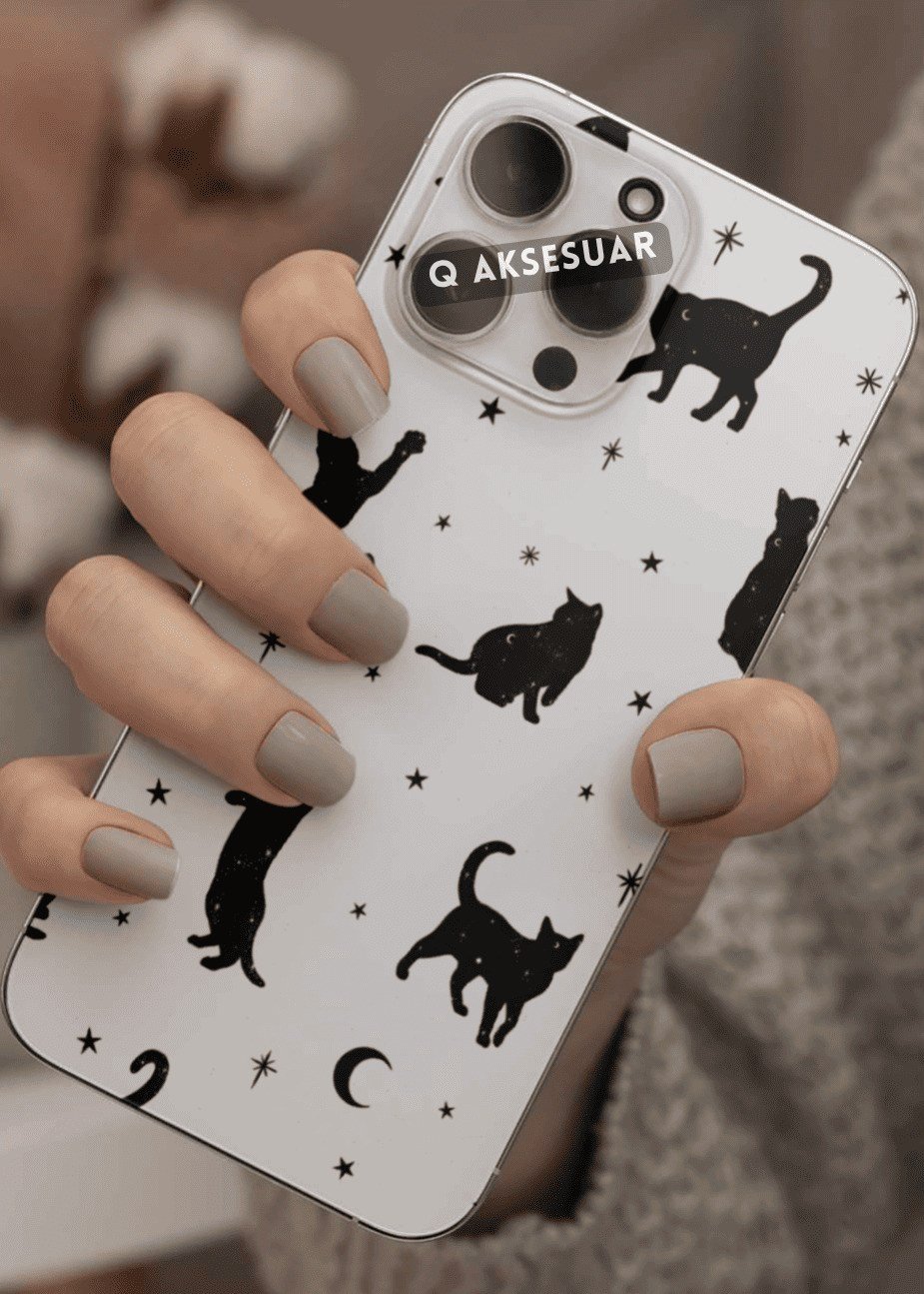 İphone Uyumlu Kedi ve Yıldızlar Tasarımlı Şeffaf Telefon Kılıfı (Model Seçiniz)